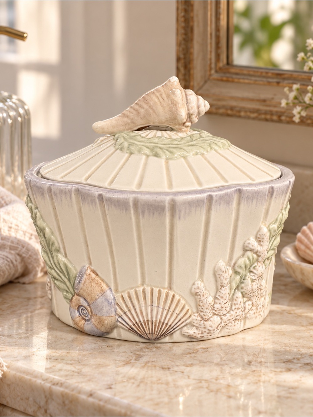 Coastal Ceramic Lidded Canister with Seashell Accent